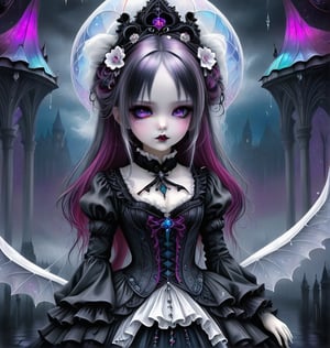 (Fractal Art: 1.3), (Colorful Colors), White Elegance, A morbid beauty in a Gothic Lolita costume,  looking up at the rainy sky with a melancholy expression, goth person, ,DonMF43XL
