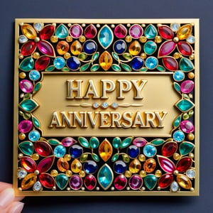 in the middle the text is to read "Happy Anniversary " lettering on bold and gold, text is smaller, 
around the edges is filled with stunning colourful  gems, 