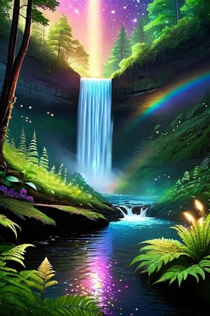 a vision of utter serenity and beauty, a trio of waterfalls flowing over a cliff, a forest of green below, a creek connected buzzing with fireflies, small ferns grow along the creek, a rainbow reflects on the waterfalls, bright shiny, stunning,glitter