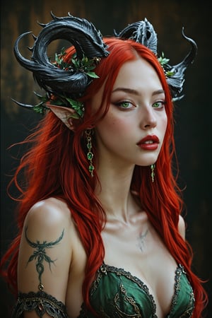 a stunning vision of beauty, succubus , long red hair,  green eyes,  jewels, horns, 