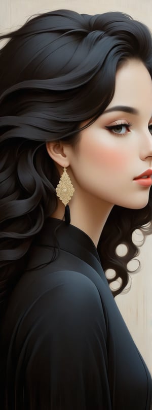 she is walking dpwn the street, beautiful, she is looking up, slight smile on her lips, her hair is long black,  high defintion, highly detailed, serene, hayv kahraman inspired art