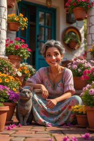 A  mature y island female, is sitting on her front porch, surrounded by lovely pots os lovely bright flowers, beside her is her beautiful grey fluffy cat looking happy and contrent