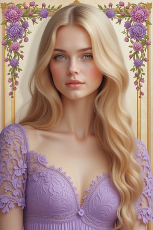 a beautiful young woman, long blonde hair, pale soft skin, lilac coloured lace dress, soft colors, background with flowers, intricate details, hayv kahraman style