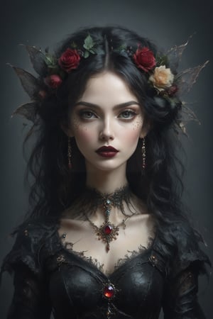 create an image of a female of gothic/fairy ancestory, wearing traditional clothng, jewelery and make, perfect