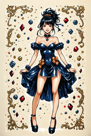 she stands in the middle of the run stage on a rotating pedestal, 4 small runways run off in each direction, she wears a 1920s sequin and fringe detail flapper dress, the bodice is made of bright coloured small gems and sequins, her black  hair is in a traditional 1920s style, her shoes are black stilettos