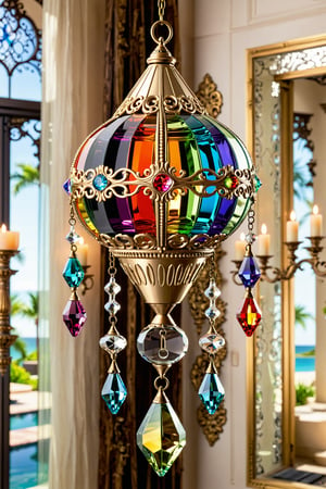 create a unique ornate mix of the below hanging on a pendulem, made of glass, crystal clear,colorful reflections