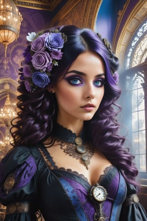 combine steampunk, gothic & boho to create the most beautiful lady,(( the background is an ornate room filled with ornate decorations and flowers)), her hair is streaks of purple, lilac and blck, her dress is blue, Goth,dark boho,HZ Steampunk,(((Accurate eyes))),Photorealism:1.4,drkbh