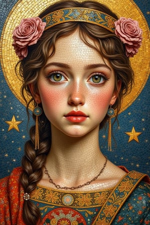 Byzantine Mosaics of a girl. (masterpiece, top quality, best quality, official art, beautiful and aesthetic:1.2), (1girl:1.4), portrait, extreme detailed, highest detailed, simple background, 16k, high resolution, perfect dynamic composition, bokeh, (sharp focus:1.2), super wide angle, high angle, high color contrast, medium shot, depth of field, blurry background,,itacstl