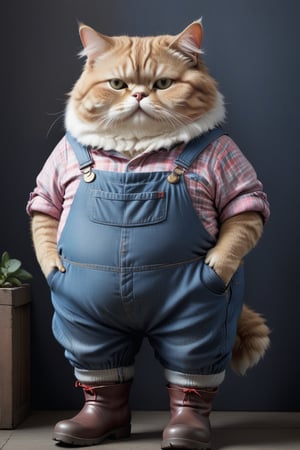 the cutest fat cat you eve did see, wearing denim overalls and wearing gumboots