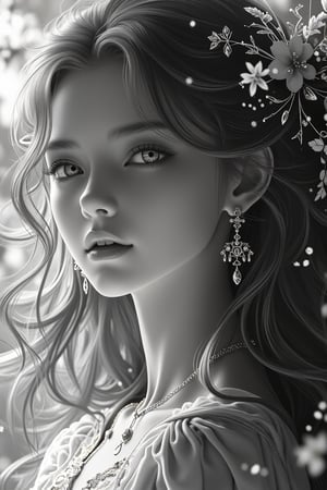 (1girl, solo, long hair, looking at viewer, closed mouth,  greyscale, earrings, lips, eyelashes, portrait), detailed textures, high quality, high resolution, high Accuracy, realism, color correction, Proper lighting settings, harmonious composition, Behance works,DonMD1g174l4sc3nc10nXL,photo r3al