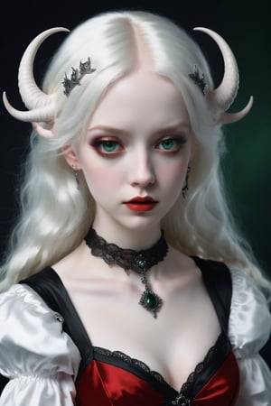 A stunning albino gothic princess, with  dressed in her finest red satin dress, black jewelry to match , gazes at you with large, dark green eyes, gothic makep. Her intricate horns rise majestically from her head, embodying nothing but perfection.
,goth person,epicDiP,DonMM1y4XL, full body, 