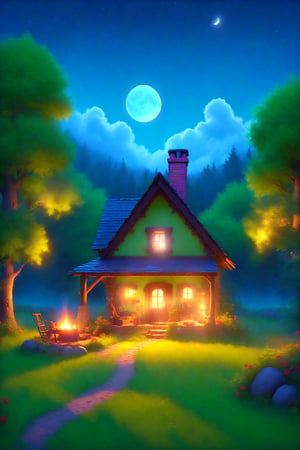 A tranquil, serene scene unfolds with a small country cottage nestled in the forest. Evening descends, stars and moonlight filter through the forest canopy, while smoke wisps from the fireplace through the cottage's chimney. Firewood is neatly stacked, the vegetable gardens are flourishing, and the apple trees are laden with fruit.,Looking at the sky,BugCraft