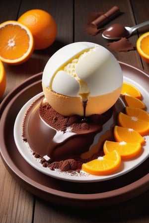 create a bowl of dessert of orange segments, with chocolate and icecream