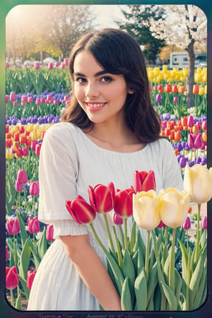 absurdres,  highres,  ultra detailed,  (1girl:1.3), smile , sunlight , lens flare reflection,lomography,  analog photography,  vibrant colors,  soft focus,  light leaks,  dreamy atmosphere,  experimental charm,  nostalgic appeal, looking into the viewer, tulips flower farm in bg, holding 1 tulip flower in right hand, perfect fingers,Masterpiece,Circle