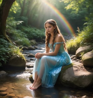 Create a water princess; sitting on nath eedge of the brook watching the  water as sunlight strikes, casting small rainbows upon the water.