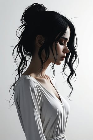 (A simple and elegant portrait depicting the silhouette of a woman who is sad  on a pure white canvas.The outline uses only black and has a minimalist approach with only clean lines to convey deep feelings of sadness and melancholy. express), Detailed Textures, high quality, high resolution, high Accuracy, realism, color correction, Proper lighting settings, harmonious composition, Behance works,ct-niji2,xxmix_girl,goth person