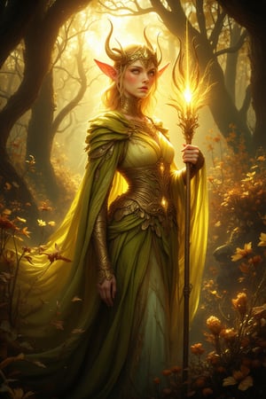 In a dappled, ancient forest ruin, an Elf Princess stands tall close to camera, closeup shot, her scepter raised high as beams of warm sunlight filter through the dried withered grasses and dry seedpods, casting a golden halo around her regal figure. covered in an ultra-multitude of small dry flowers and vines, very tall overgrown varied dry wildflower beds surround her, her beautiful, enchanted clothing shimmers in the soft light, while dry lush foliage and vines surround her, creating a lush environment. The camera captures a sharp focus on the princess's face, with the rule of thirds composition placing her at the intersection of two diagonals. Shot during the golden hour, the scene exudes an ethereal mood, inviting the viewer to step into this mystical realm., ,fantasy, better_hands, leonardo, angelawhite, Enhance