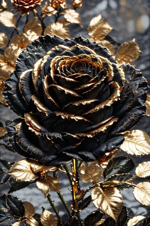a rose with an open flower ,Gold Edged Black Rose,glass shiny style,Stained glass