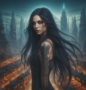 a succbus female, evil, dark, , long flowing hair, beautiful, ImaginaryCityScapes