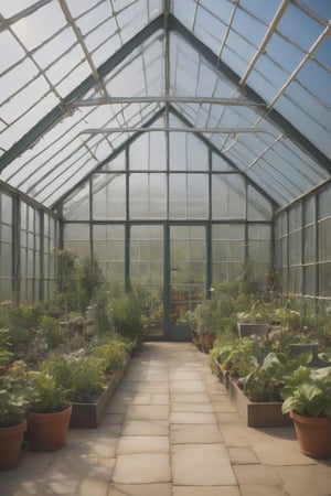 Image of a greenhouse. The greenhouse is made of glass with windows on the sides, some of which are open. 