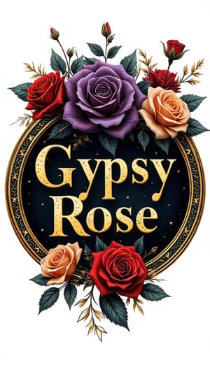 Logo badge. Design gothic font style logo that features colourful roses of different colours Position the text 'Gypsy-Rose Nz' i The color scheme should prominently feature gold, along with vibrant colors for the flowers to make the logo stand out.