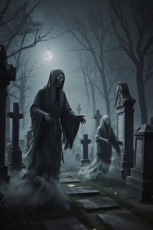 ((ghostly figures lurking in a cemetery)),Chinese Horror Scene,ghost person, 