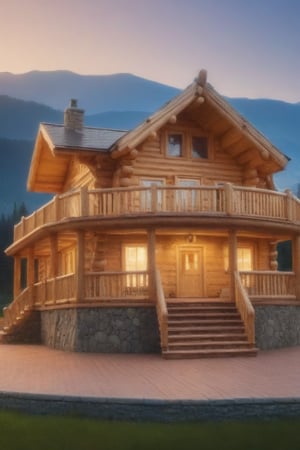 please cerate a 2 storey round log cabin, there is a vernadan all around it, it a scene of beauty and tranquility, Nature,zhibi