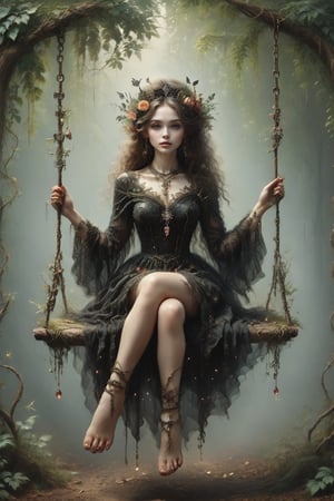 create an image of a female of gothic/fairy ancestory, wearing traditional clothng, jewelery and make, perfect, sitting on on a swing that is attached by chain to a branch of  tree