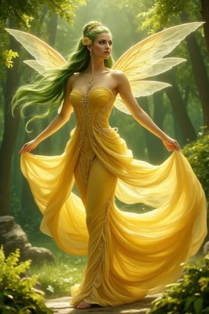  A stunning beautiful perfect fairyfemale, with hair of green and a dress of bright yellow