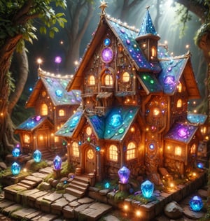 Create a high-definition, fantastical magical mystical village that glows  with rom the gems that adorn their little houses