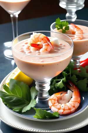create a entree of shrimp cocktail, in a small glass dish covered in thousand island dressing