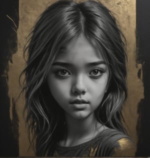 masterpiece, high quality photo, cool tone, (black simple background), colorful cute-girl carved on gold, (wide shot), , drtailed face,INK,ink,DonMB14ckB377yXL, golden and black spirit,golden patterns,Monochrome,Gray scale,Pencil sketch