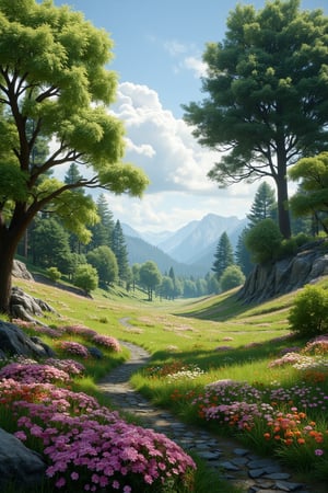 an amazing stunning landscape with trees and flowers