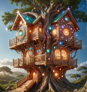 Create a high-definition, fantastical magical mystical 3 storey treehouse that glows  with rom the gems that adorn the landscape