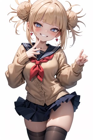 1girl, solo, (masterpiece:1.2), best quality, high resolution, unity 8k wallpaper, (illustration:0.8), (beautiful detailed eyes), extremely detailed face, perfect lighting, extremely detailed CG, (perfect hands, perfect anatomy), two legs, 5 fingers, loli,

  miniskirt, yellow cardigan, long sleeves, sailor collar, red neckerchief, black kneehighs, blond_hair, toga himiko, blue skirt, neckerchief, evil grin, smiling,HimikoT,

parted lips, blush, looking at viewer, earrings, jewelry, simple background, white background,