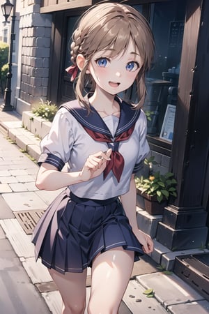 1girl, solo, (masterpiece:1.2), best quality, high resolution, unity 8k wallpaper, (illustration:0.8), (beautiful detailed eyes), extremely detailed face, perfect lighting, extremely detailed CG, (perfect hands, perfect anatomy), two legs, 5 fingers, loli,

 Sherry Birkin, sailor collar, red neckerchief, sailor shirt, (white shirt:1.1), short sleeves, pleated skirt, blue skirt,
Outdoors,

Smiling, open mouth,