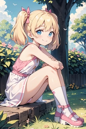 1girl, solo, master pieceextremely detailed face, perfect lighting, extremely detailed CG, (perfect hands, perfect anatomy), two legs, 5 fingers,

blonde hair, white legwear, pink dress, twintails, blue eyes, short twintails, smile, standing, pink footwear ,

sit under tree,happy, sitting, from side, sitting hugging own legs:1.2, upskirt, panties, embarassed, flat chest, looking_at_viewer, 