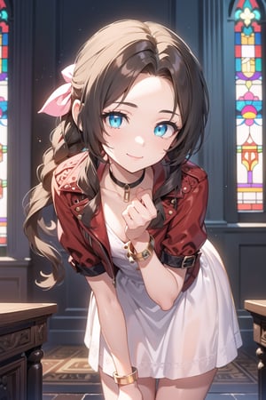 ,
1girl, solo, (masterpiece:1.2), best quality, high resolution, unity 8k wallpaper, (illustration:0.8), (beautiful detailed eyes: 1.4), extremely detailed face, perfect lighting, extremely detailed CG, (perfect hands, perfect anatomy), two legs, 5 fingers

 Loli, aerith gainsborough, choker, cropped jacket, hair bow, bracelet, pink dress, looking at viewer, leaning forward, smile, closed mouth, indoors, stained glass window,

