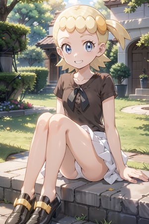 BONNIE_POKEMON, BLONDE HAIR, SHORT HAIR, HAIR ORNAMENT, SIDE PONYTAIL, BLUE EYES, EYELASHES, 

BROWN SHIRT, SKIRT, SHOES, PINK FOOTWEAR,

 looking at viewer, extremely detailed face, perfect lighting, extremely detailed CG, (perfect hands, perfect anatomy), 

outdoor, sitting, smilling, teeth, knees_touching, panties,