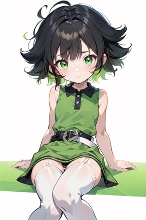 (Buttercup:1.0), loli, (black hair, green eyes, short hair, messy hair:1.2), (dress, light-green sleeveless dress, simple black belt, white thighhighs:1.5), (white background:1.5), (full-body-shot:1), dark romantic lighting, (highly detailed:1.2),(detailed face:1.2), (gradients), colorful, detailed eyes, (detailed landscape:1.2), (cute pose:1.2), (solo, one person, 1girl:1.5), sitting,(buttercup), panties, looking_at_viewer