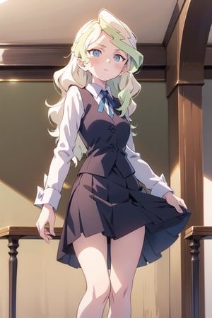 1girl, solo, (masterpiece:1.2), best quality, high resolution, unity 8k wallpaper, (illustration:0.8), (beautiful detailed eyes), extremely detailed face, perfect lighting, extremely detailed CG, (perfect hands, perfect anatomy), two legs, 5 fingers,

loli, diana cavendish,blue slanted eyes, multicolored hair, waved long hair,

blue neck ribbon,long sleeves, collared shirt, white shirt, school uniform, navy blue skirt, navy blue vest,

 looking at viewer, 
 standing, Full face blush,