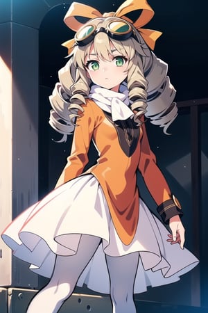 Loli, long drill hair,maria balthasar,green eyes, Blonde hair,

yellow ribbon, googles, white scarf, orange shirt, white skirt, black tights

Outdoor, looking at viewer,  extremely detailed face, perfect lighting, extremely detailed CG, (perfect hands, perfect anatomy), standing, 