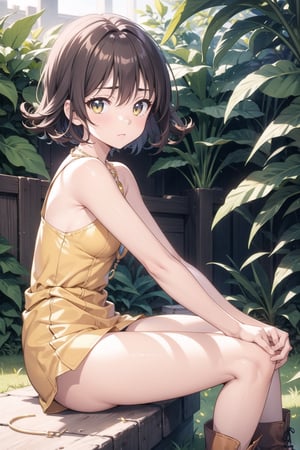 loli,  selphie, necklace, 

yellow dress, boots,


 looking at viewer, extremely detailed face, perfect lighting, extremely detailed CG, (perfect hands, perfect anatomy), 

outdoor, sitting, from side, upskirt, striped thong, embarassed,