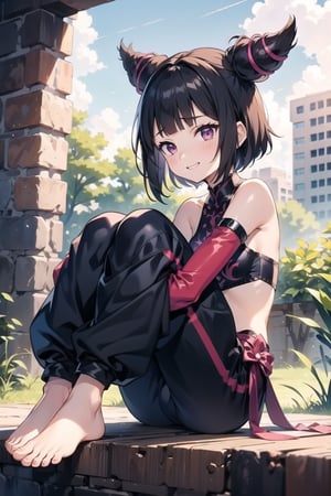 Loli, kid, han juri(SF), spikes, detached sleeves, barefoot, toeless legwear, toes, spiked bracelet, bracelet, feet, fingerless gloves, jewelry, black baggy pants, blunt bangs, halterneck, gloves, black hair, bare shoulders, hair horns, toenails, pants, purple eyes, chinese clothes, small breasts,

1girl, solo, extremely detailed face, perfect lighting, extremely detailed CG, (perfect hands, perfect anatomy),

  outdoor, sit, hug own legs, smilling, teeth,