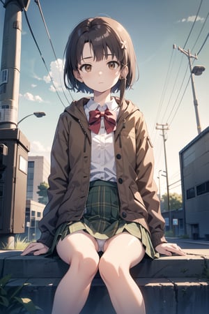 extremely detailed face, perfect lighting, extremely detailed CG, (perfect hands, perfect anatomy),

Lain Iwakura (Serial Experiments Lain), iwakura lain, brown eyes,, 

grey jacket, green skirt, plaid skirt, brown eyes, red bow, (utility pole:1.3), closed jacket,

, computer, monitor, glowing, eye reflection, sitting, upskit, panties, knees_together_feet_apart