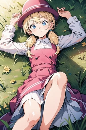 1girl, solo, master piece, extremely detailed face, perfect lighting, extremely detailed CG, (perfect hands, perfect anatomy), two legs, 5 fingers,

marron, 1girl, solo, smile, blue eyes, blonde hair, long hair, low twintails, hat, pink headwear,white shirt, long sleeves, pink dress,

Outdoor, grass, looking_at_viewer, lying on grass, upskirt, embarrased, arms_up,,