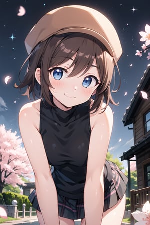 1girl, solo, master piece,extremely detailed face, perfect lighting, extremely detailed, 

HelgaHaruka, blue eyes, brown hair, short hair, brown hat, black sweater, sleeveless turtleneck, checkered skirt

 outdoor, cherry blossoms, night sky,
 standing, leaning forward, looking at viewer, smile, looking down, blush