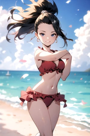 defKale, ponytail,alone,masterpiece, beach, red bikini, smiling,sandals,dancing pose, bronw-skinned_female.