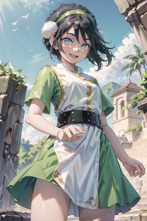 1girl, solo, black hair, belt, short hair, blue eyes, hair bun, green hairband, blind, chinese clothes, green dress, short sleeves, pelvic curtain

outdoor, cherry blossoms,  (masterpiece), (illustration), (beautiful detailed eyes), extremely detailed face, perfect lighting, extremely detailed CG, (perfect hands, perfect anatomy), 

standing,view from behind, looking at viewer, smile,looking down, open mouth, upskirt, pantie,1girl