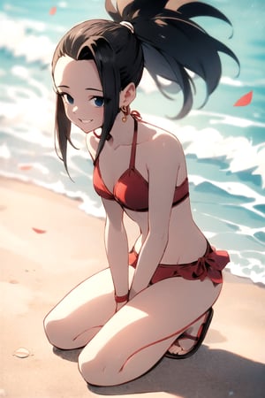 defKale, ponytail,alone,masterpiece, beach, red bikini, smiling,sandals